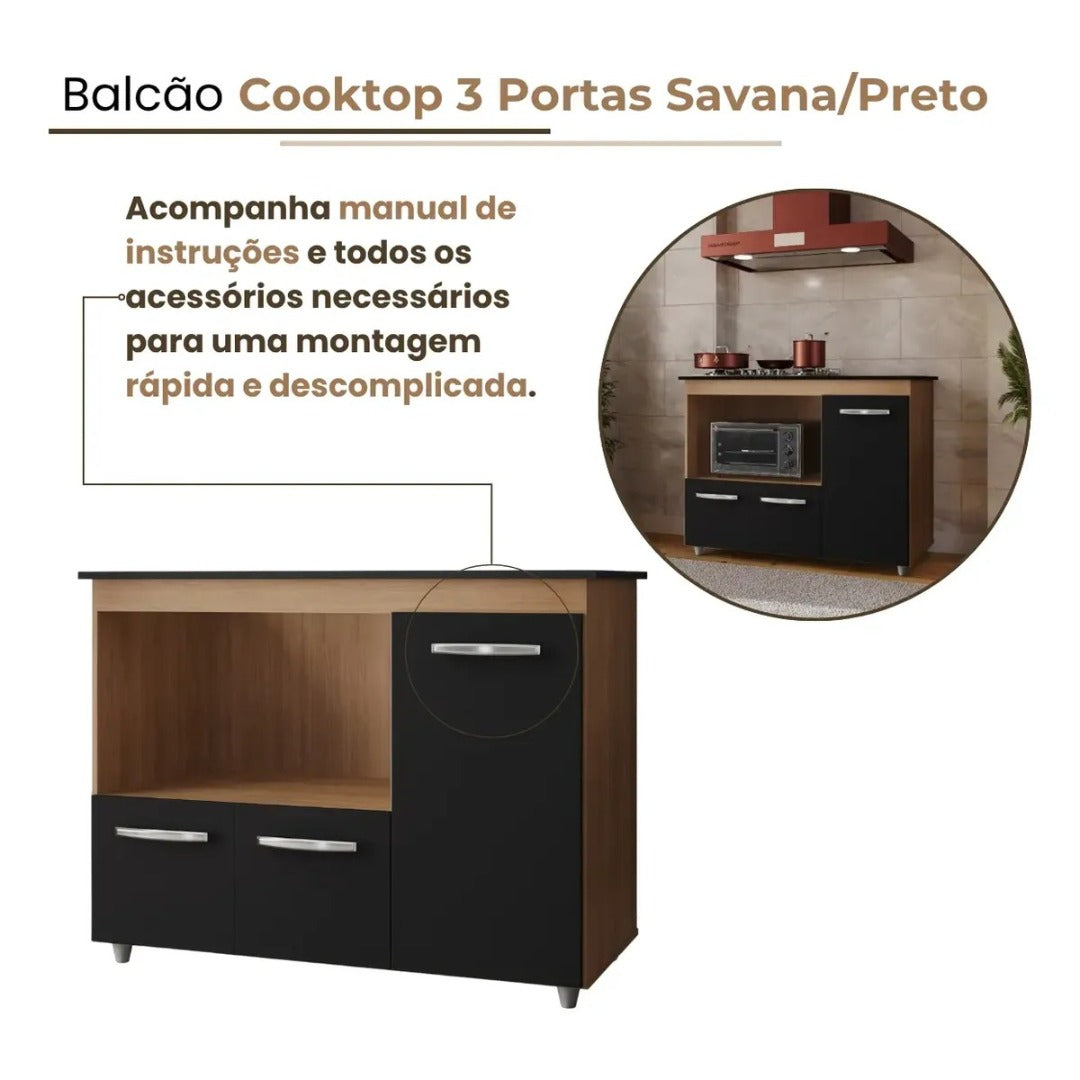 Balcão Para Cooktop 4 E 5 Bocas 3 Portas Mdp Armário Cozinha