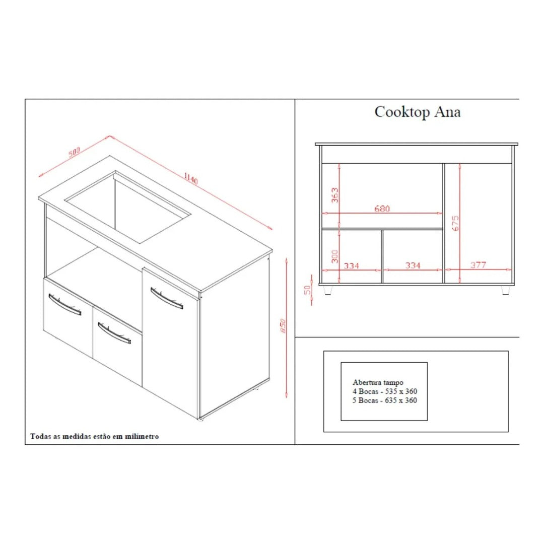 Balcão Para Cooktop 4 E 5 Bocas 3 Portas Mdp Armário Cozinha