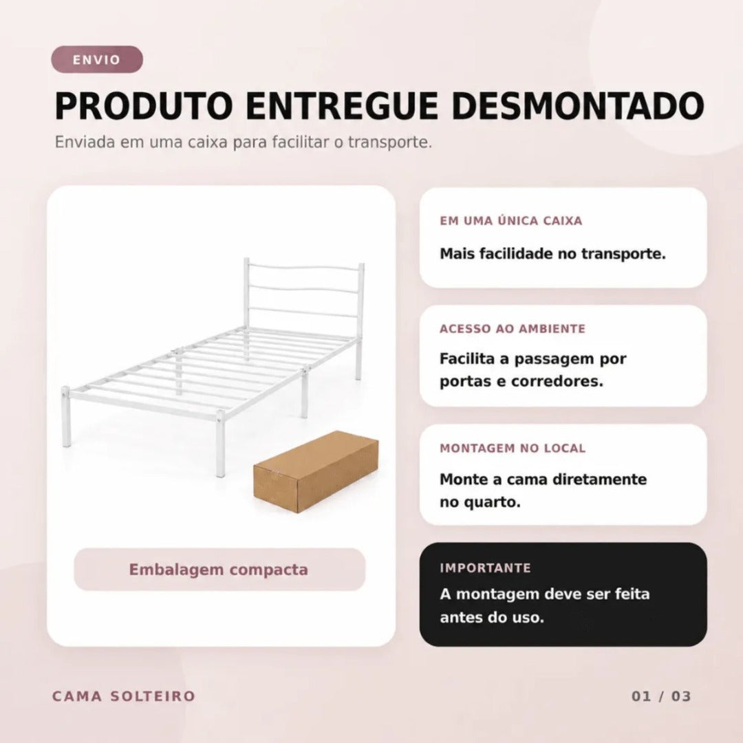 Cama Solteiro Rennes Reforçada Estrutura Metálica