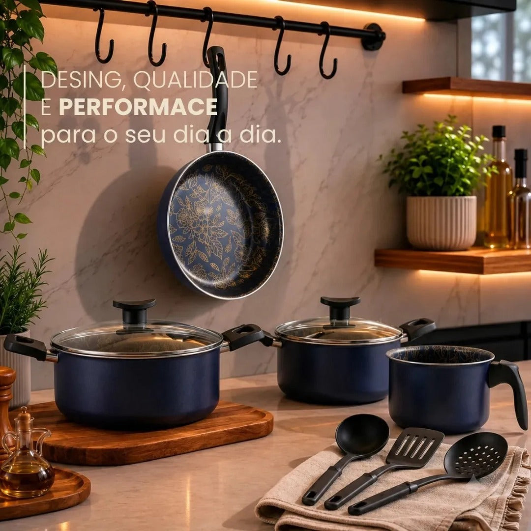 Conjunto De Panelas 8 Peças Antiaderente Com Tampa De Vidro E Utensílios Fogão A Gás Oxford
