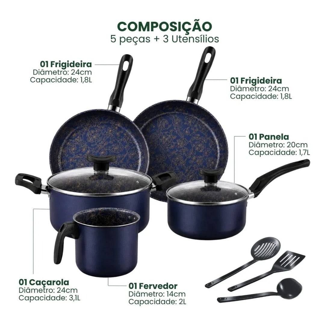 Conjunto De Panelas 8 Peças Antiaderente Com Tampa De Vidro E Utensílios Fogão A Gás Oxford