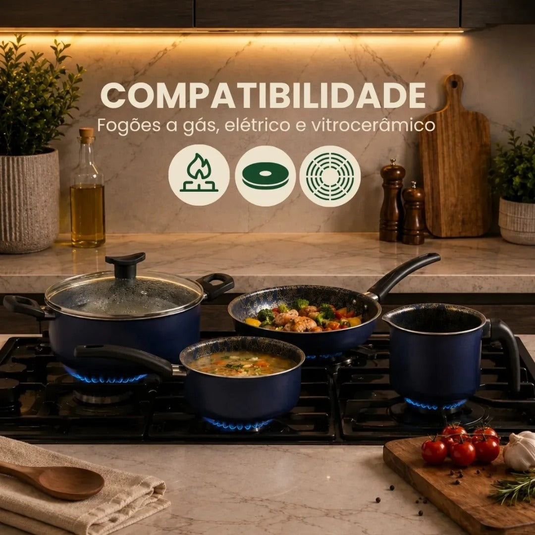 Conjunto De Panelas 8 Peças Antiaderente Com Tampa De Vidro E Utensílios Fogão A Gás Oxford