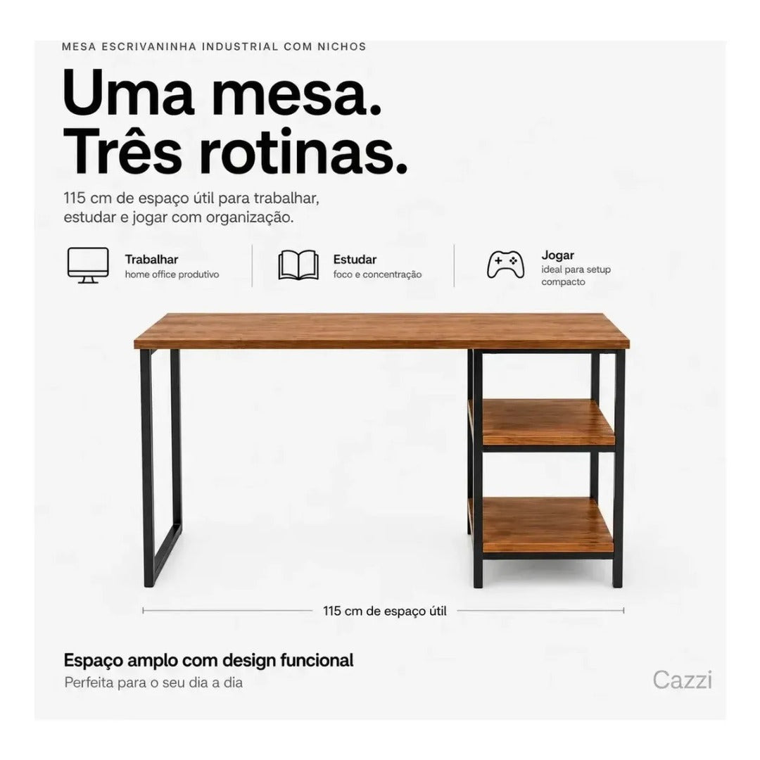 Escrivaninha Mesa Computador 2 Nichos Industrial 115cm Aço