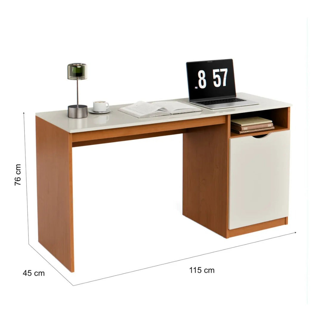 Escrivaninha Para Computador 115cm Com Porta E Nicho Mesa Home Office Escritório Quarto Estudo Notebook Moderna Canela Off White