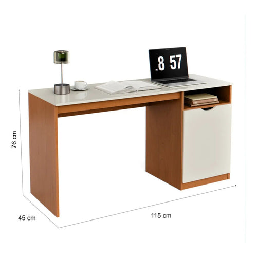 Escrivaninha Para Computador 115cm Com Porta E Nicho Mesa Home Office Escritório Quarto Estudo Notebook Moderna Canela Off White