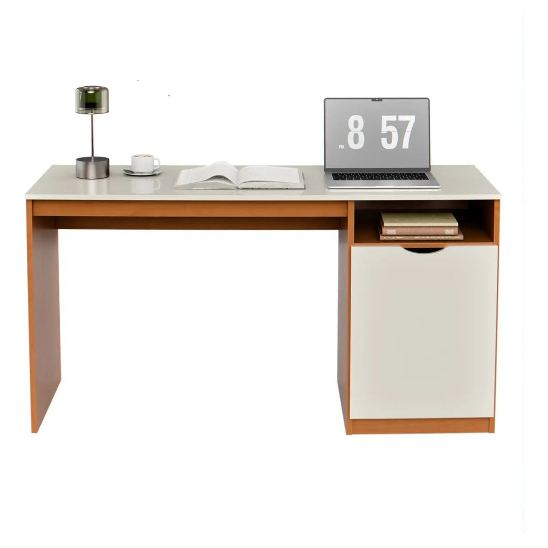 Escrivaninha Para Computador 115cm Com Porta E Nicho Mesa Home Office Escritório Quarto Estudo Notebook Moderna Canela Off White