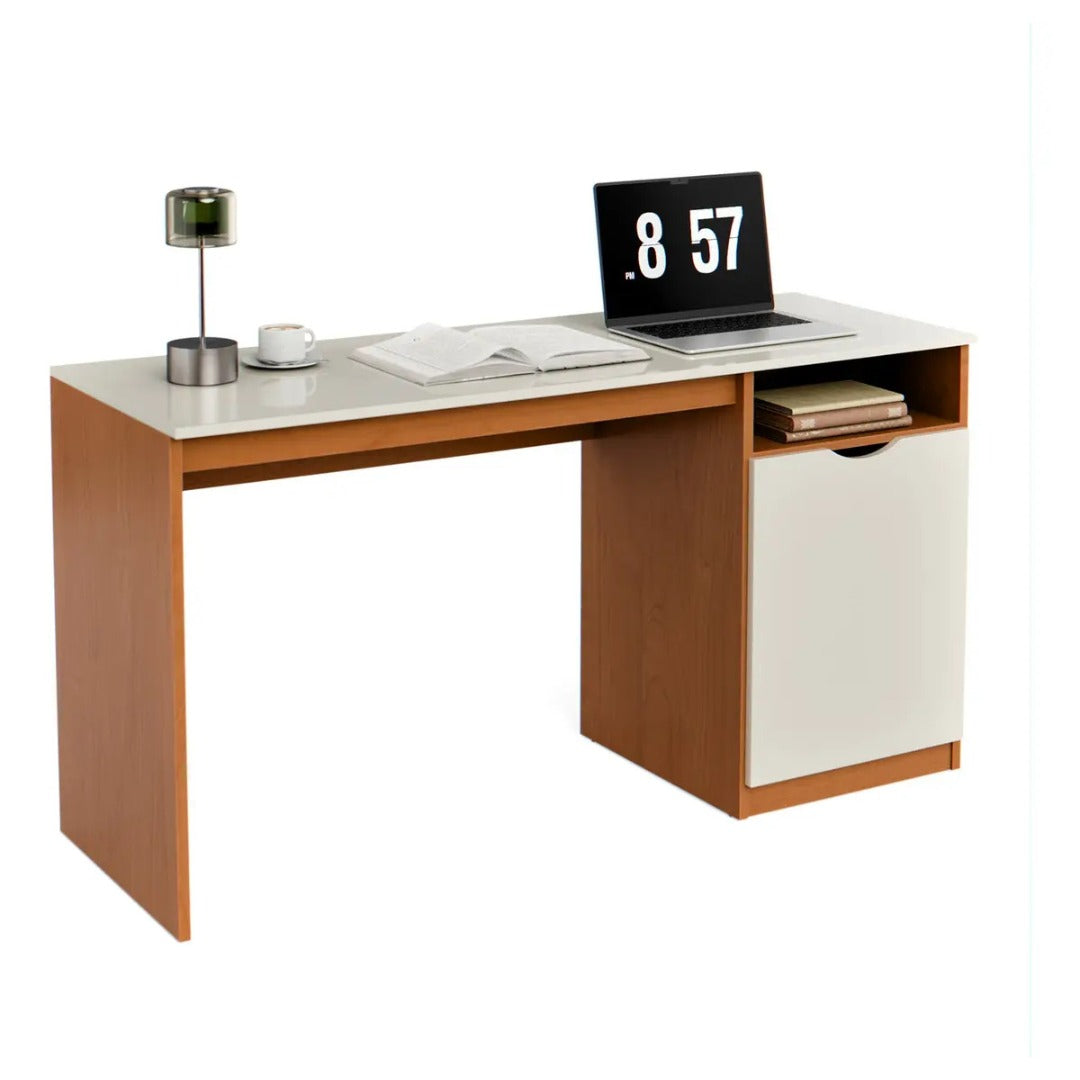 Escrivaninha Para Computador 115cm Com Porta E Nicho Mesa Home Office Escritório Quarto Estudo Notebook Moderna Canela Off White