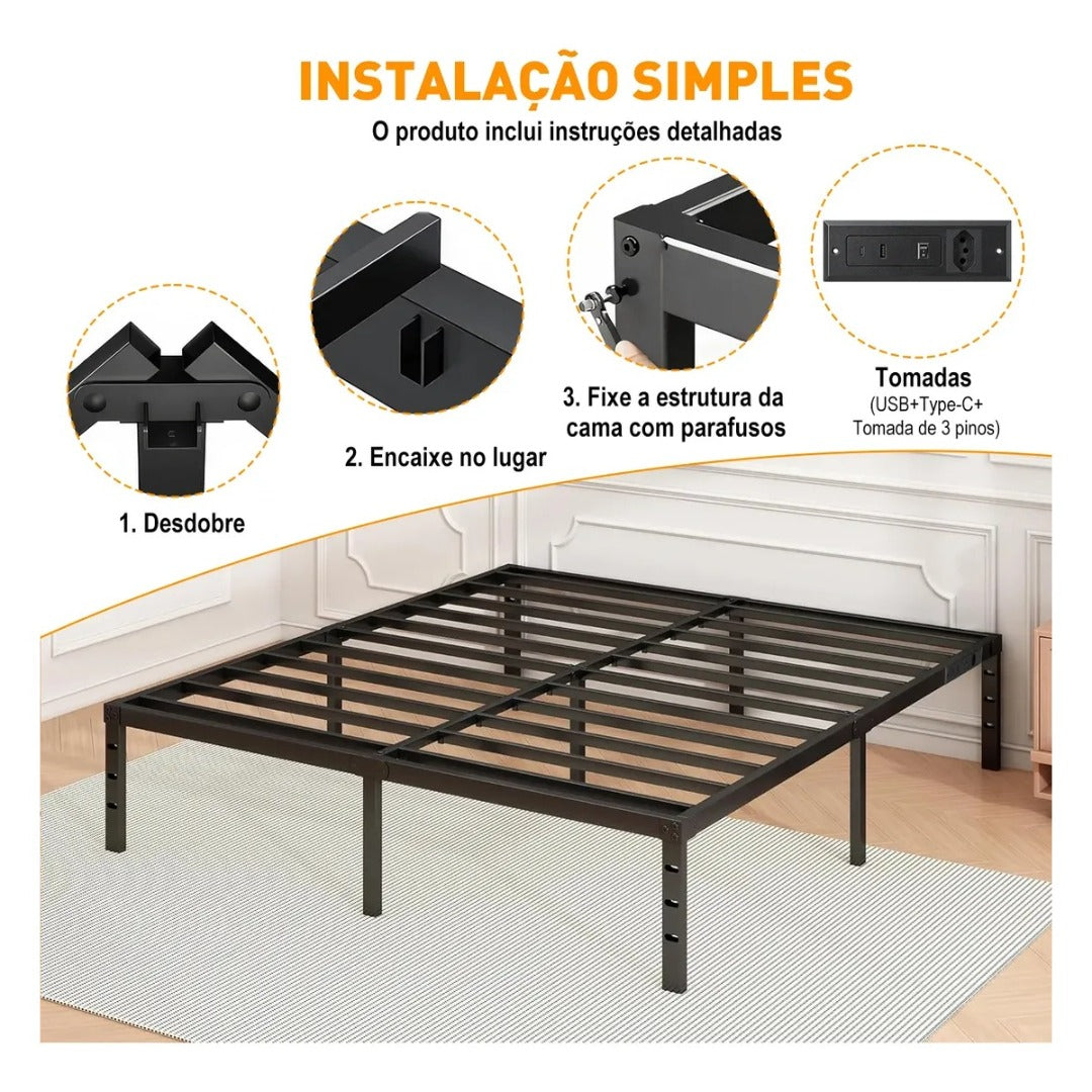 Estrutura Cama Metal Casal Com Tomada,usb+type-c,450kg