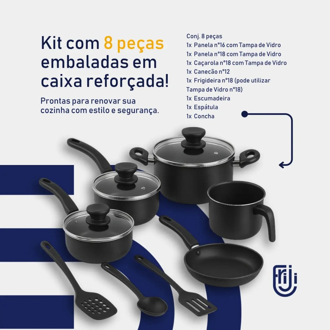 Jogo De Panelas 8 Peças Antiaderente Teflon Com Tampa Vidro