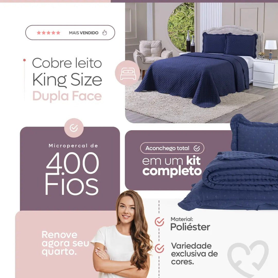 Kit Cobre Leito King Size 3 Peças Colcha Dupla Face 400 Fios