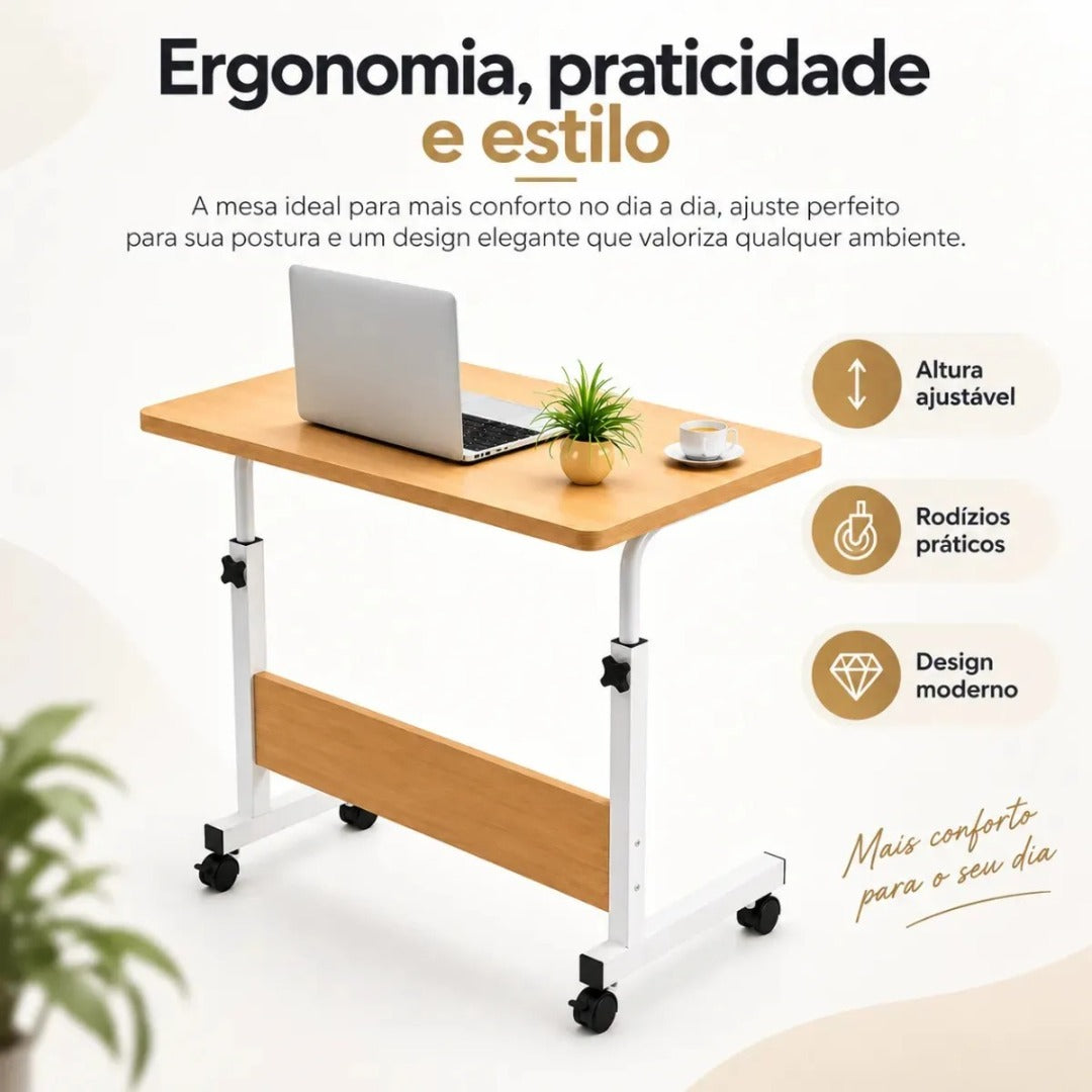 Mesa Suporte Notebook Ergonômica Ajustavel Café Apoio Cama Home Office com Rodinhas