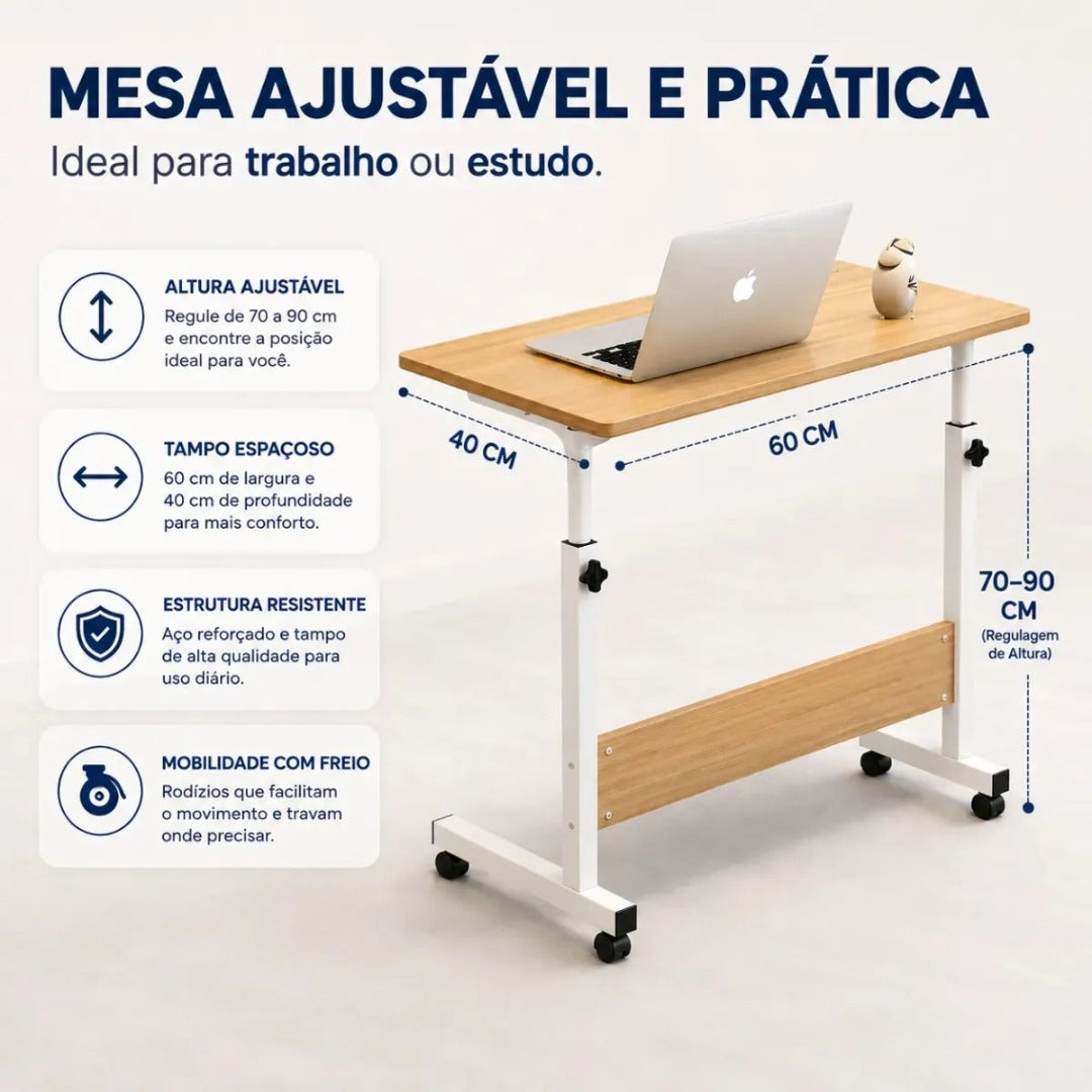 Mesa Suporte Notebook Ergonômica Ajustavel Café Apoio Cama Home Office com Rodinhas