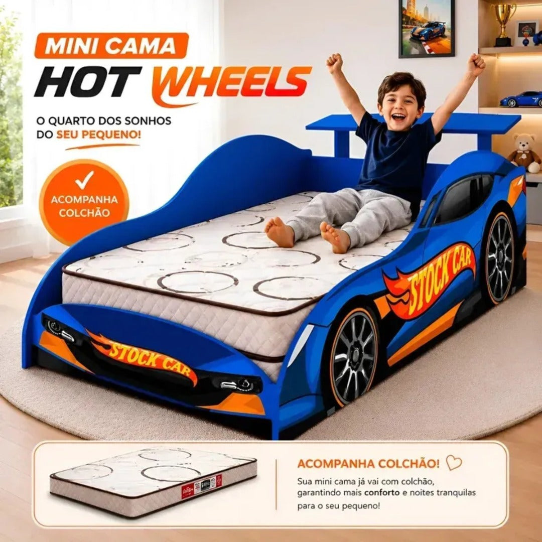 Mini Cama Juvenil Hot Wheels Com Colchão Avelin Azul Hot Wheels