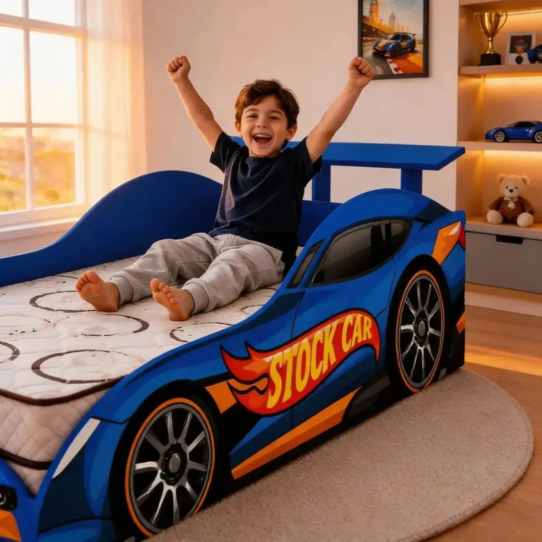 Mini Cama Juvenil Hot Wheels Com Colchão Avelin Azul Hot Wheels