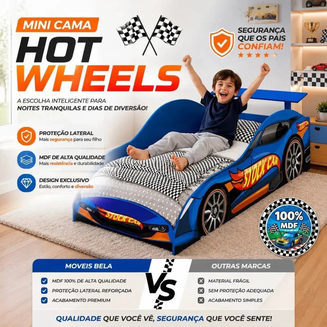 Mini Cama Juvenil Hot Wheels Com Colchão Avelin Azul Hot Wheels