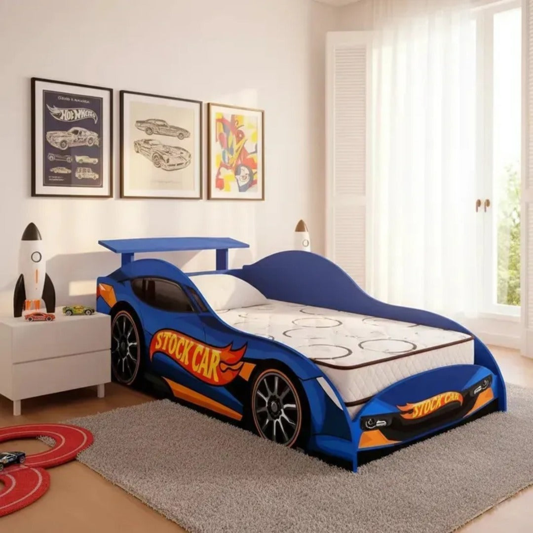 Mini Cama Juvenil Hot Wheels Com Colchão Avelin Azul Hot Wheels