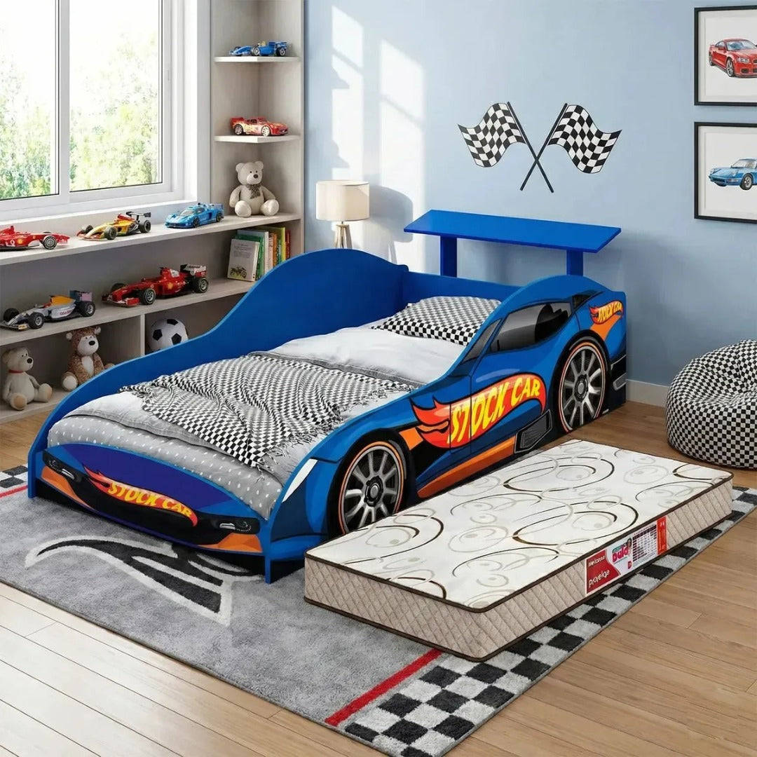Mini Cama Juvenil Hot Wheels Com Colchão Avelin Azul Hot Wheels